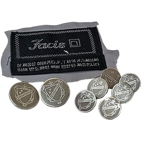 Facis 8 Metal Coat of Arms Buttons + Label Beige Enamel on Silver Tone Vintage - Picture 2 of 5